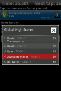 High scores screen after a player has just won 4th place