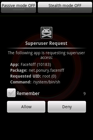 Android Superuser Screenshot - Faceniff
