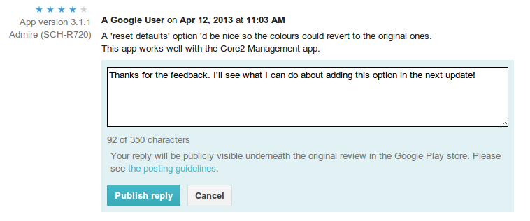 Screenshot of Google Play developer feature - Reply To User Reviews